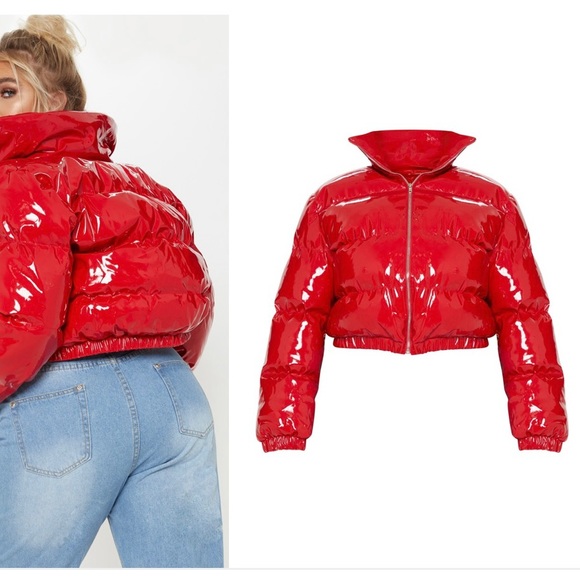 Red cropped vinyl puffer jacket - Picture 1 of 2